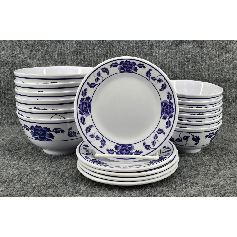 Tar-Hong Melamine Dinnerware Set 17pc White Blue Floral Bowls and Dessert Plates